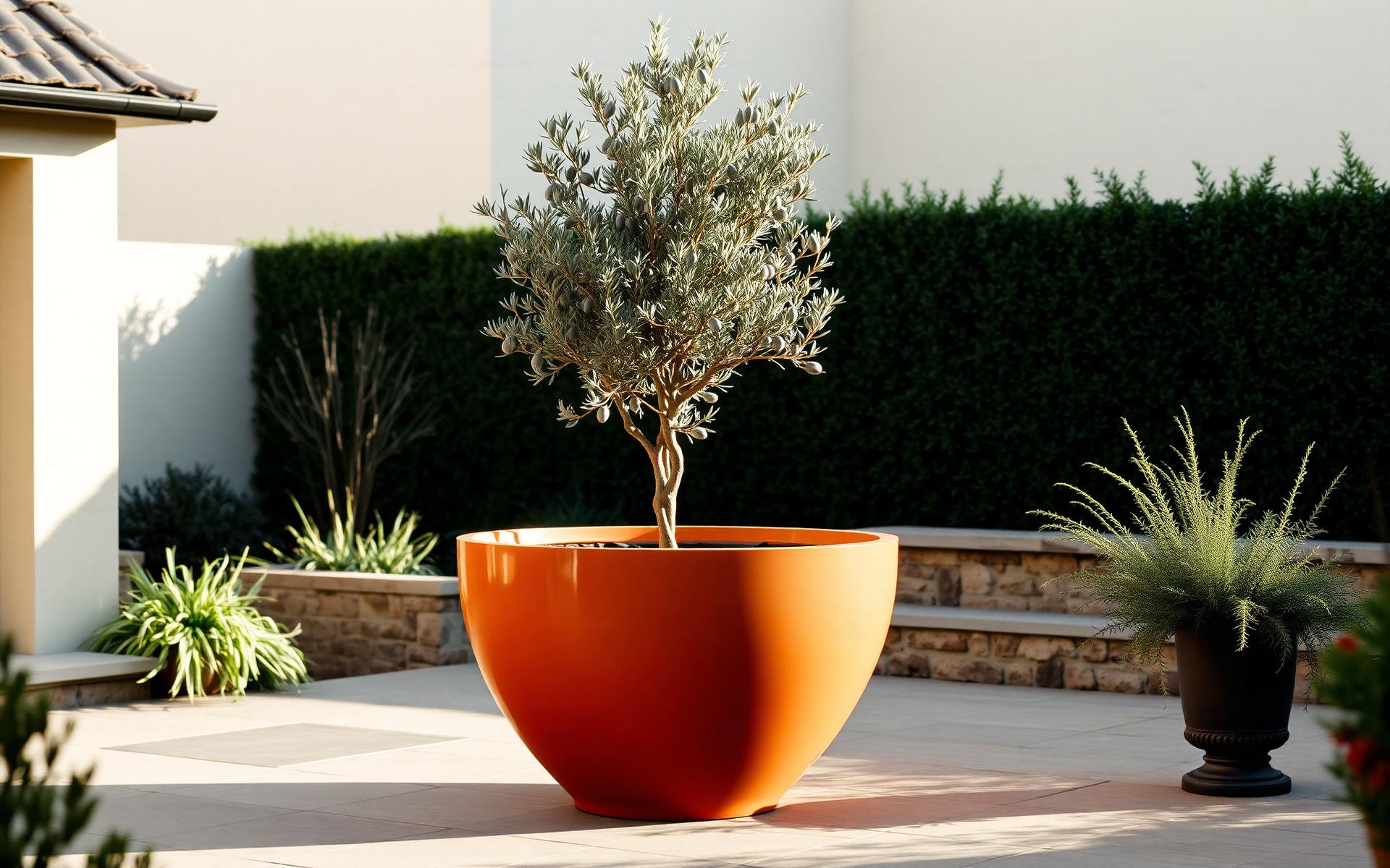 A large terracotta fluted planter with an olive tree on a British stone patio at golden hour.